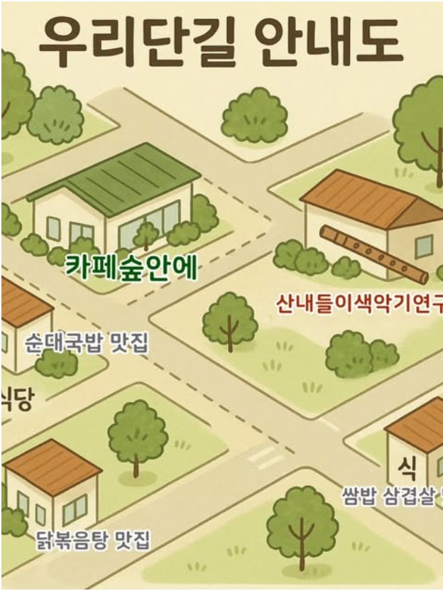 우리단길 안내도. 카페숲안에와 산내들이색악기연구소, 골목 맛집 위치를 그린 그림